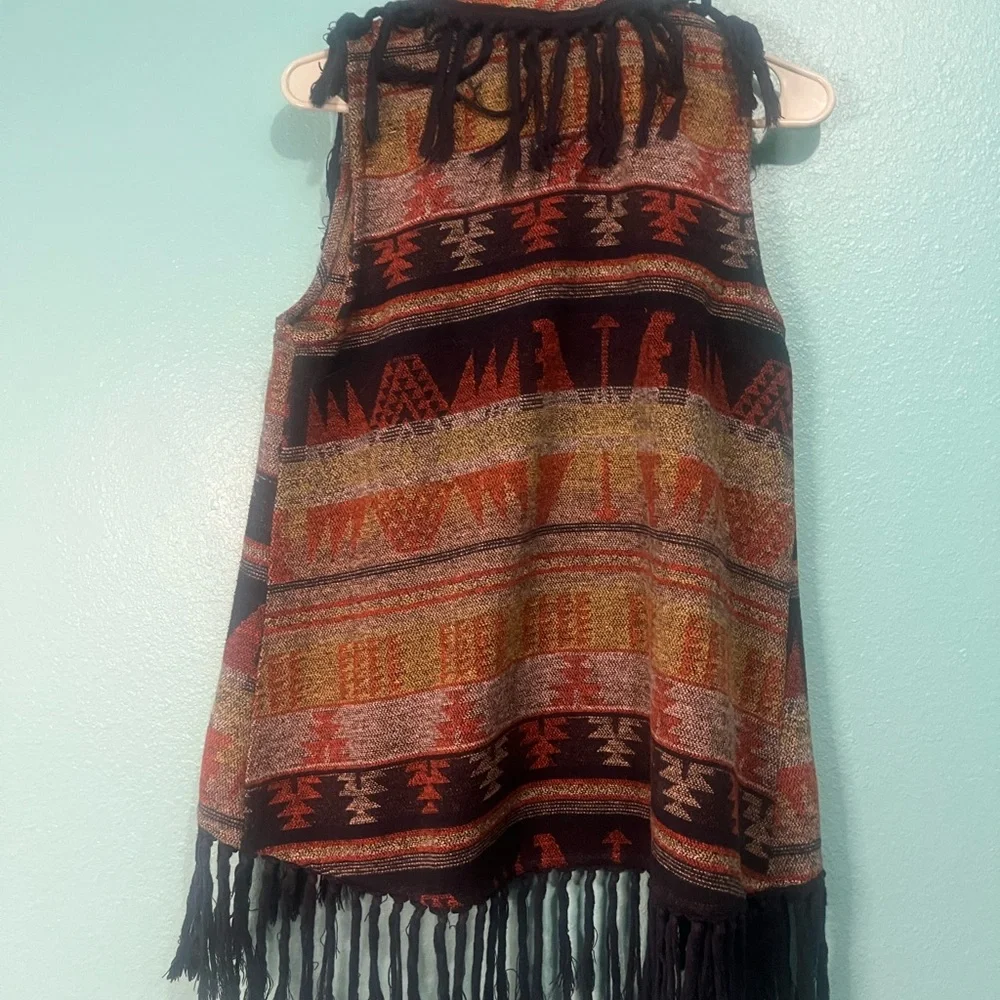 Boho Fringe Aztec Pattern Vest in Rust and Black